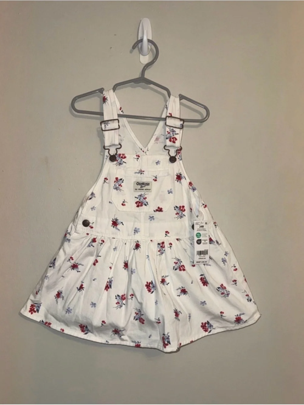 OshKosh B'gosh White  red and blue Floral Overall Pinafore Size 24M NWT